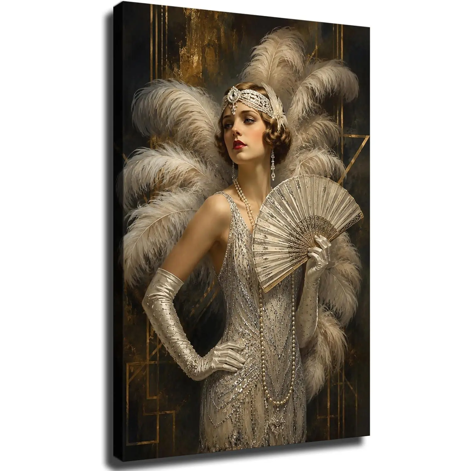 Art Deco Showgirl Canvas Prints Artwork, 1920s Glamour Wall Decor, Vintage Feather Dancer Painting Decor for Bedroom