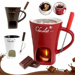 Ceramic Chocolate Fondue Mug with Fork - Melting Cup for Chocolate/Cheese/Ice Cream, Heat Resistant, Candle & Microwave-Safe, Ideal for Date Night/Home Kitchen, Holiday/Birthday/Valentine's Day Gift