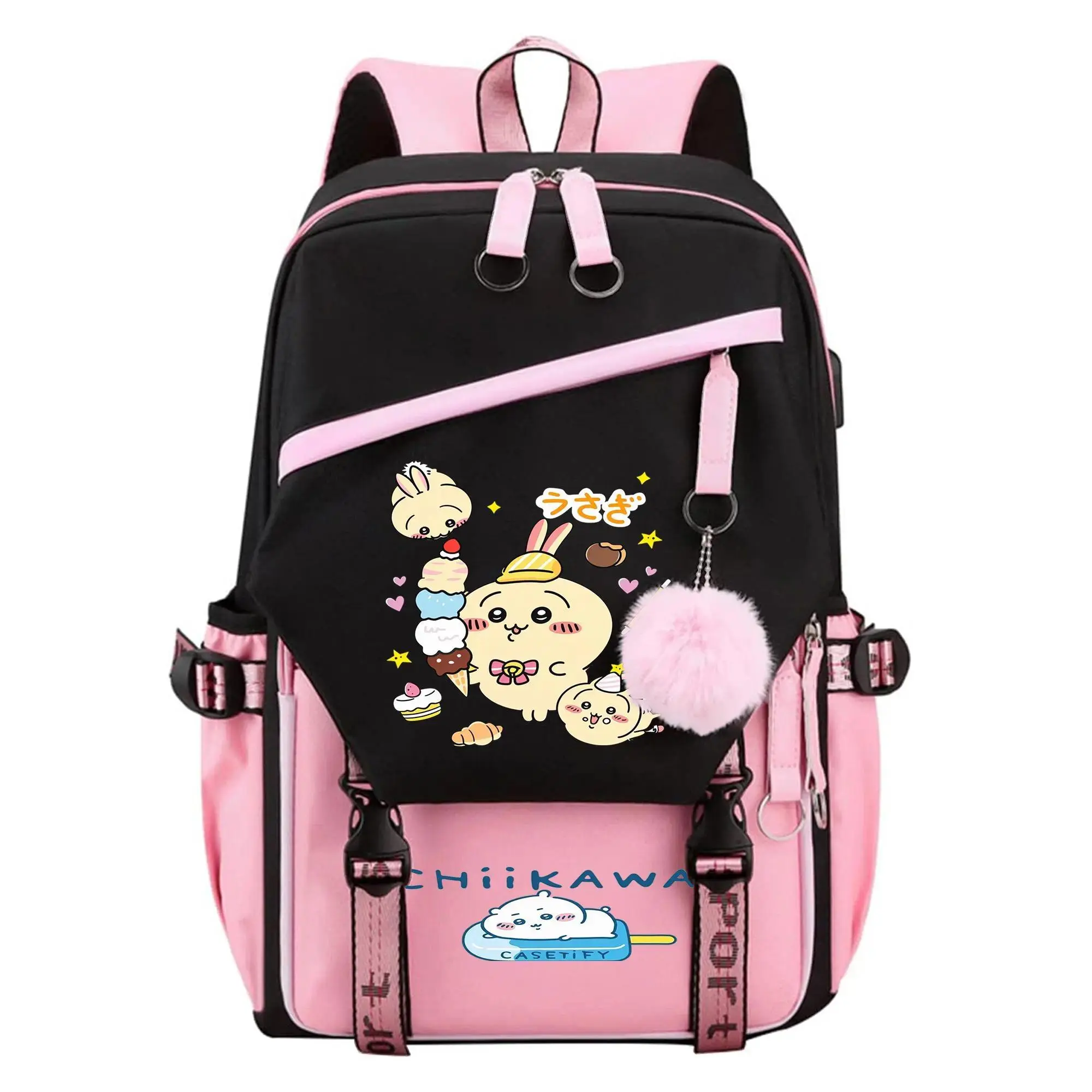 Cute Chiikawa Backpack Pink and Black Bookbag with Keychain Waterproof Travel Laptop Bag