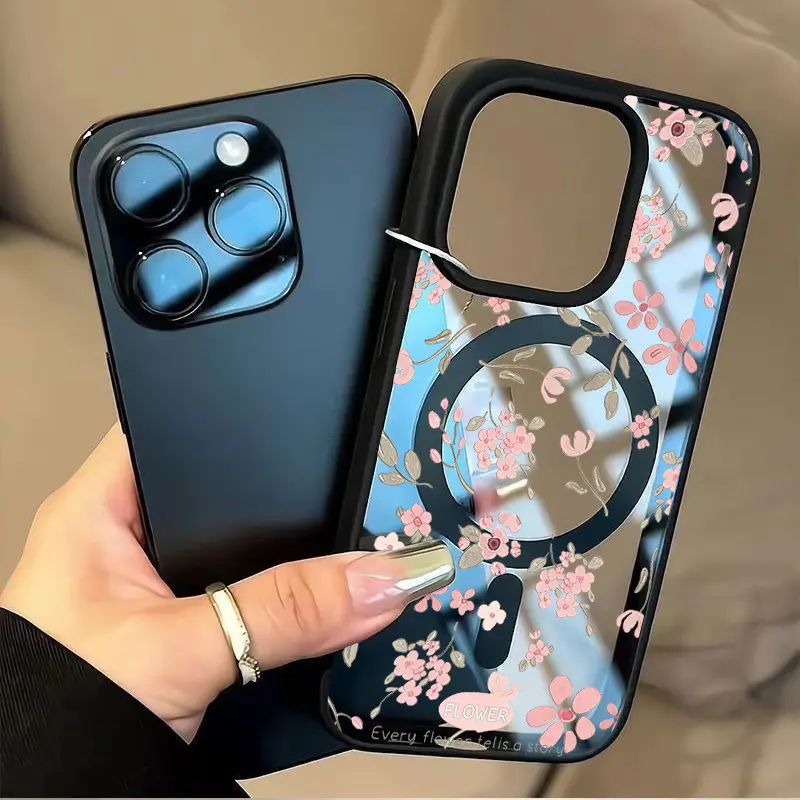Floral Print Mirror Finish Magnetic Phone Case for iPhone X/XS/XS Max/11/12/13/14/15/16/17 Series, 2-in-1 Acrylic+TPU Shock Proof Cover, Slim Anti-Discoloration Case Compatible with MagSafe Wireless Charger