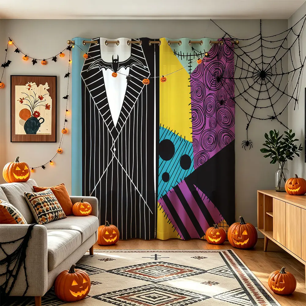 Jack Skellington Halloween 2 Panels Grommet Blackout Curtains, Color Block Suit Pattern Thermal Window Drapes Bedroom Decor