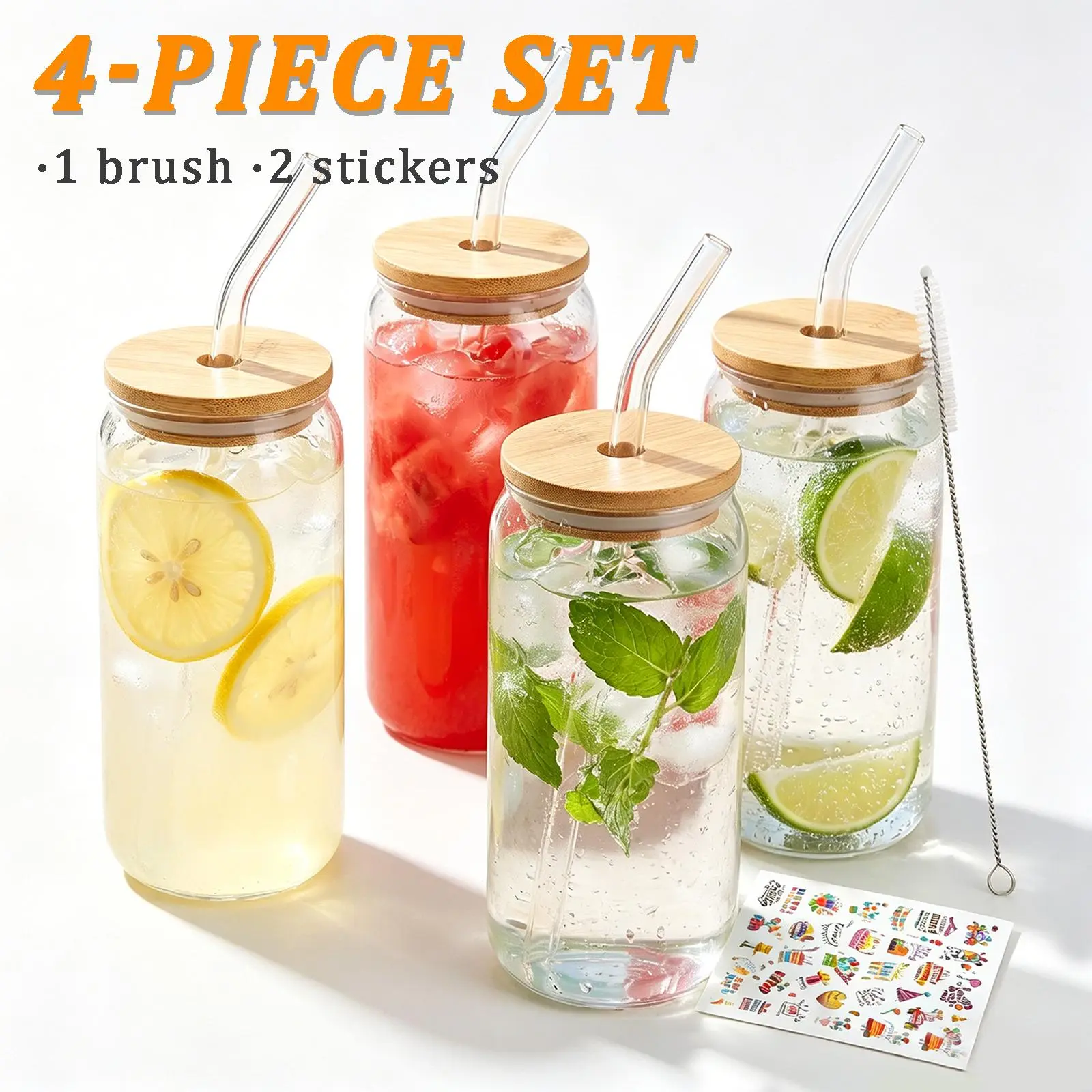 16oz Classic Thick High Borosilicate Heat-Resistant Transparent Glass Cups Set with Natural Bamboo Lid, Straw, Customizable DIY Stickers, Reusable, Washable, Leakproof Stylish Kitchen Drinkware for Home Use