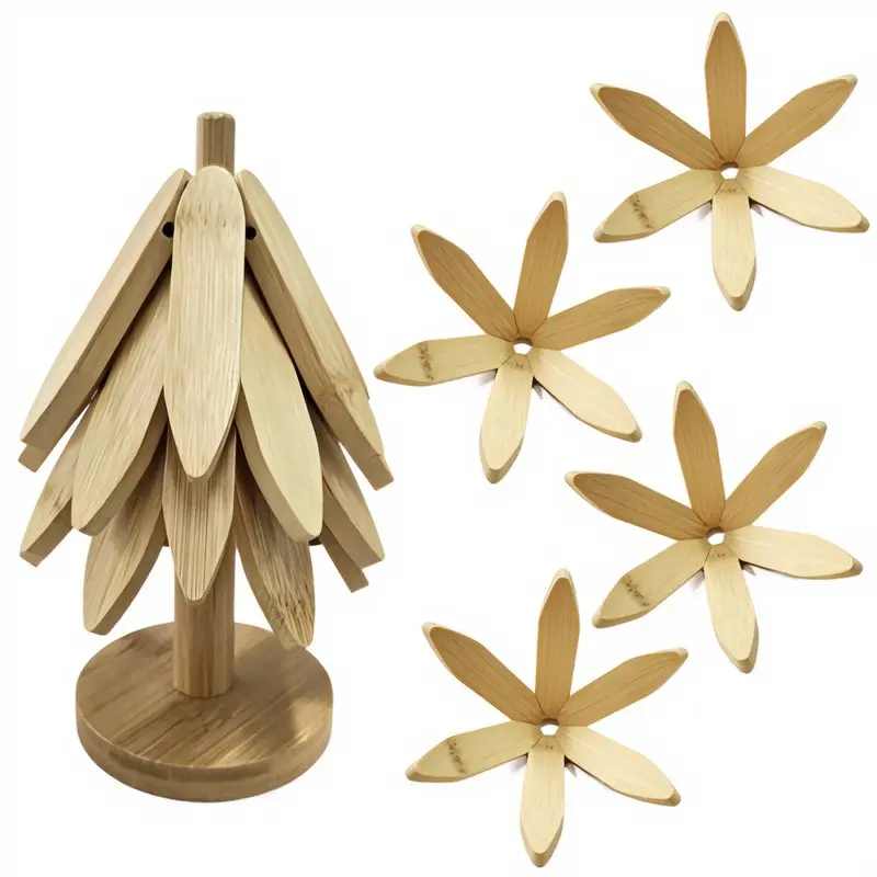 1 Set Christmas Tree Bamboo Wooden Trivet, Coaster, Wood Coasters, Hot Pad, Nordic, Farmhouse Aesthetic, 4-Layer, Heat-Resistant, Non-Slip, Foldable, Space-Saving, Natural Wood, Home Kitchen Table Decor, Gift, TikTok Shop Finds