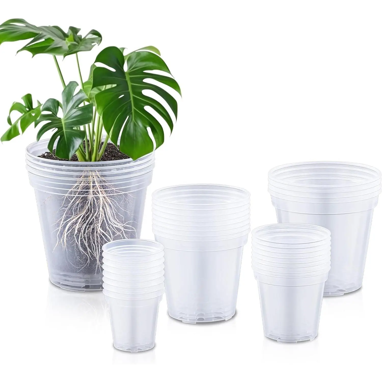 32 count 3/4/5/6/7 Inch Large Thickened Clear  Pots Variety Pack  Pots with Drainage Holes Planters for Indoor  Flexible Transparent Plastic  Bottle
