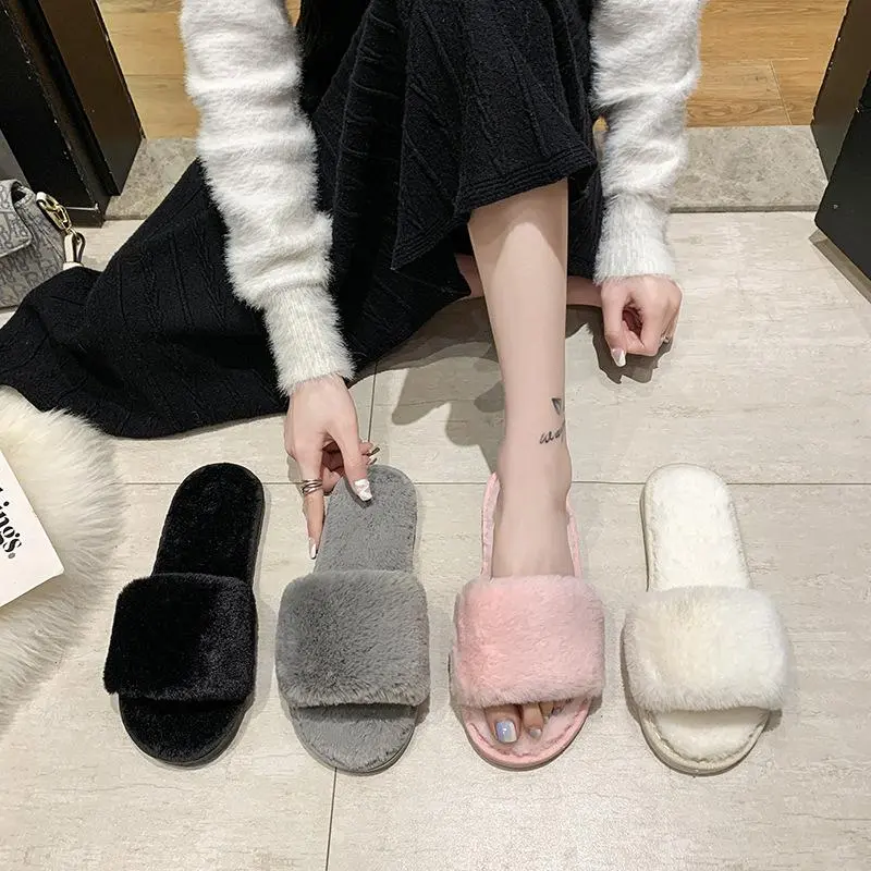 Women Fuzzy Open Toe Slide Slippers, Soft Fluffy Single Strap House Slippers, Non Slip Warm Plush Indoor Bedroom Slides, Casual Home Footwear