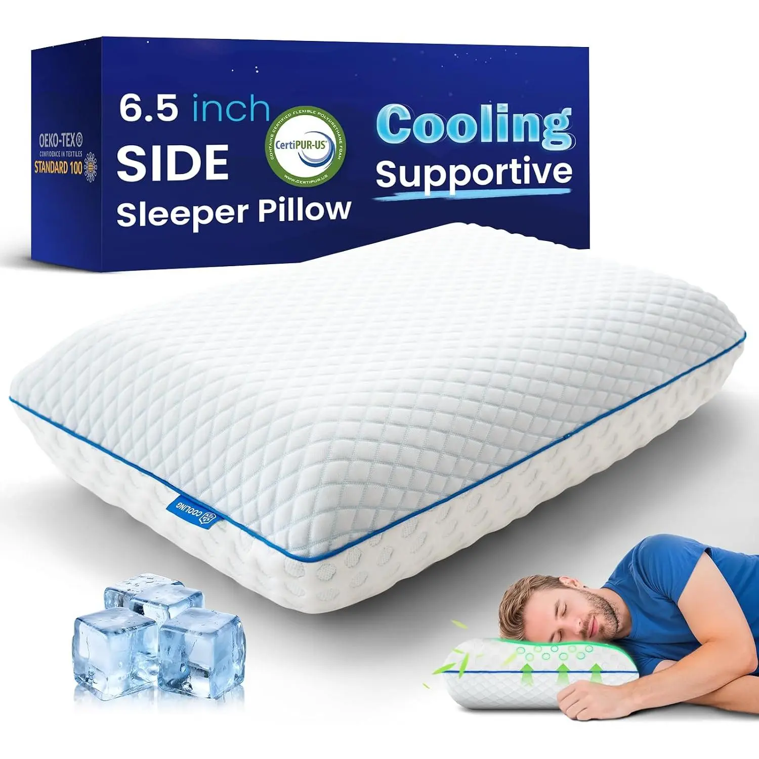 Thick Cooling Gel Pillows for Side Sleepers, High Loft 6.5''| Medium Firm Contoured for Neck Shoulder Pain Relief, Bed Pillow for Sleeping, Bamboo Rayon Washable Breathable Cover