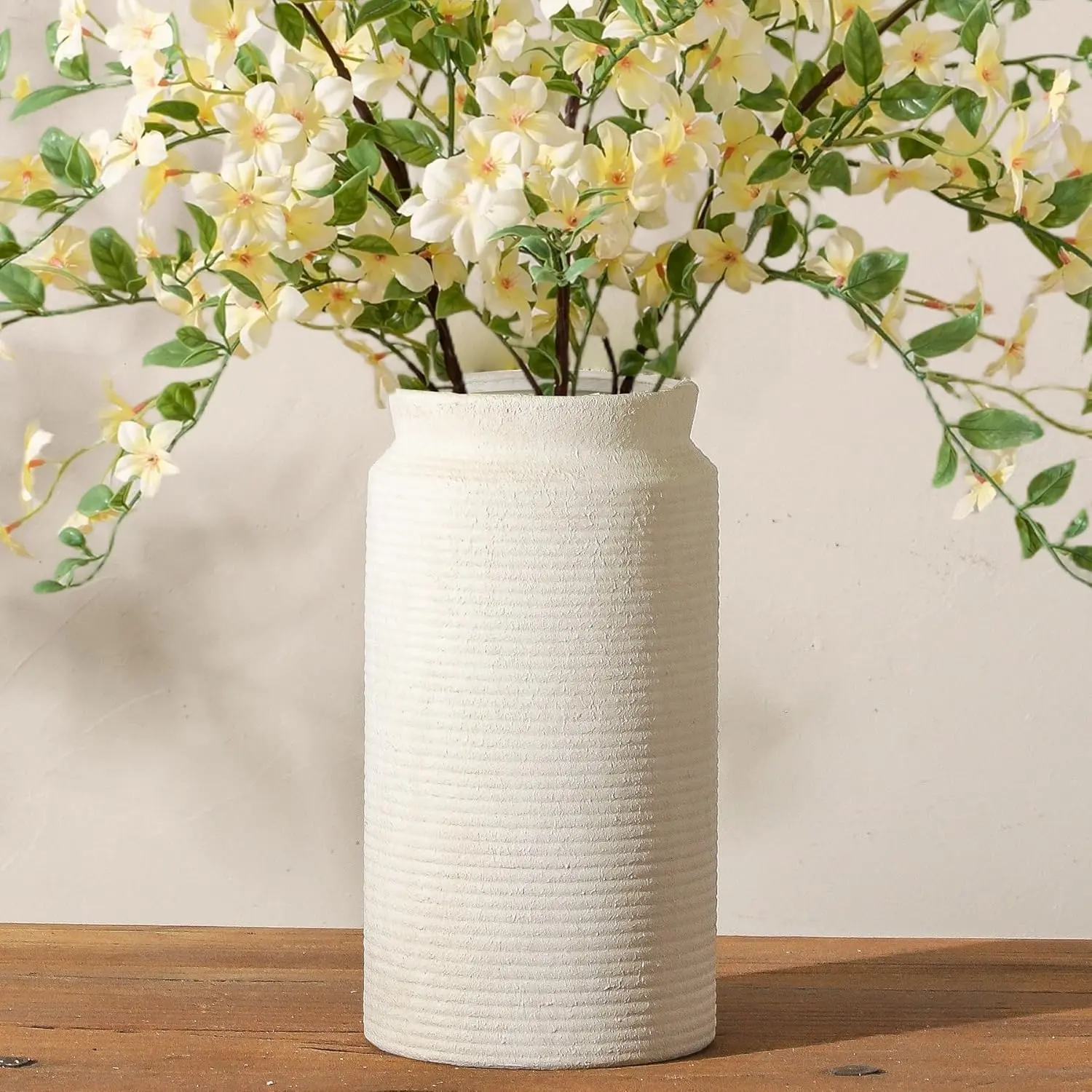 Ceramic Flower Vase 12 inch Farmhouse Rustic Vase for Home Decor Handcrafted Pottery Tall Terracotta Vases for Dining Table Decor Fireplace Living Room Bathroom Wedding Centerpiece (L-White)