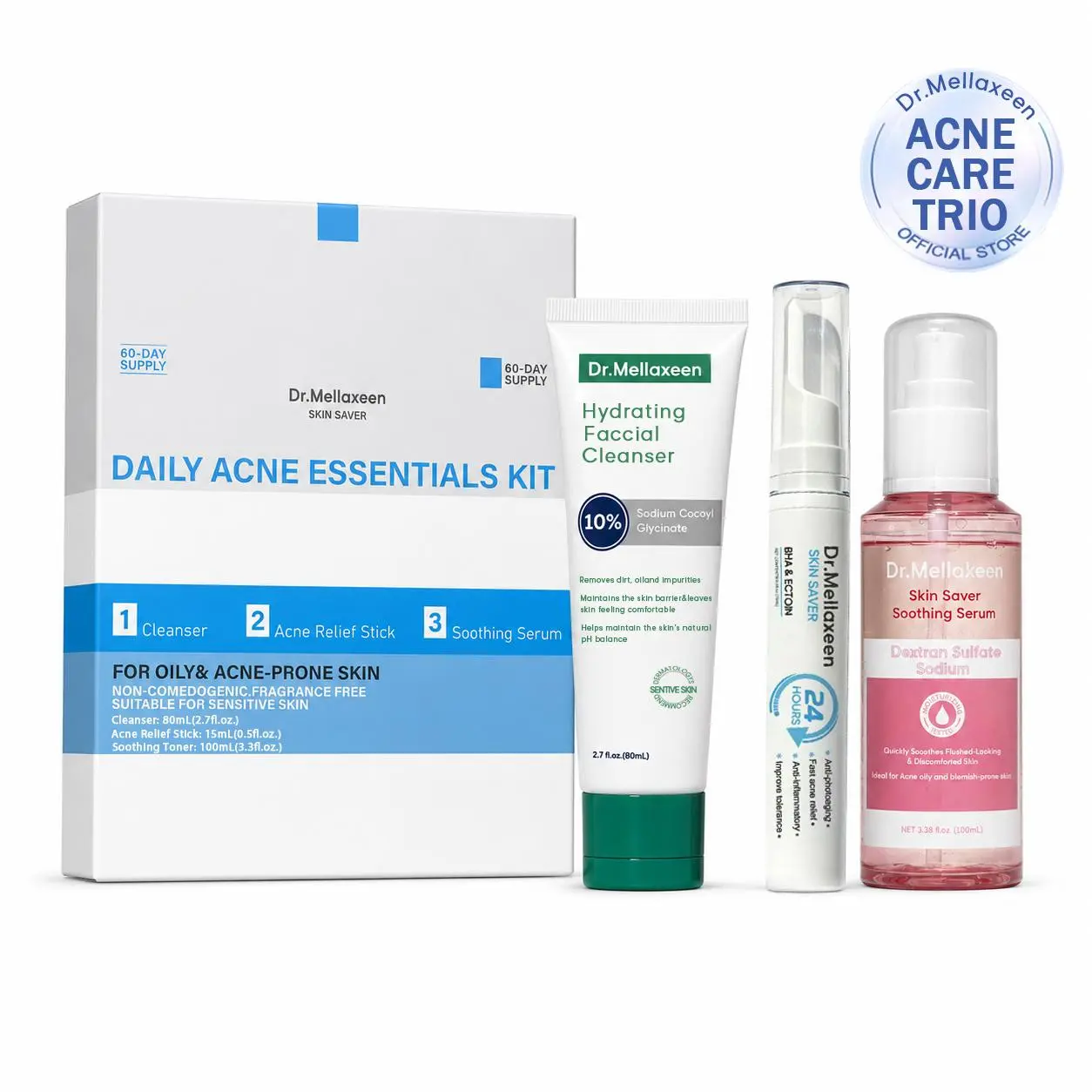 The Acne Set, 3-Step Skin | Suitable for Sensitive & Acne-Prone Skin |Containing 10% Sodium Cocoyl Glycinate, 2% Salicylic Acid, and 0.02% Dextran SulfateSodium Panthenol | Skincare Set