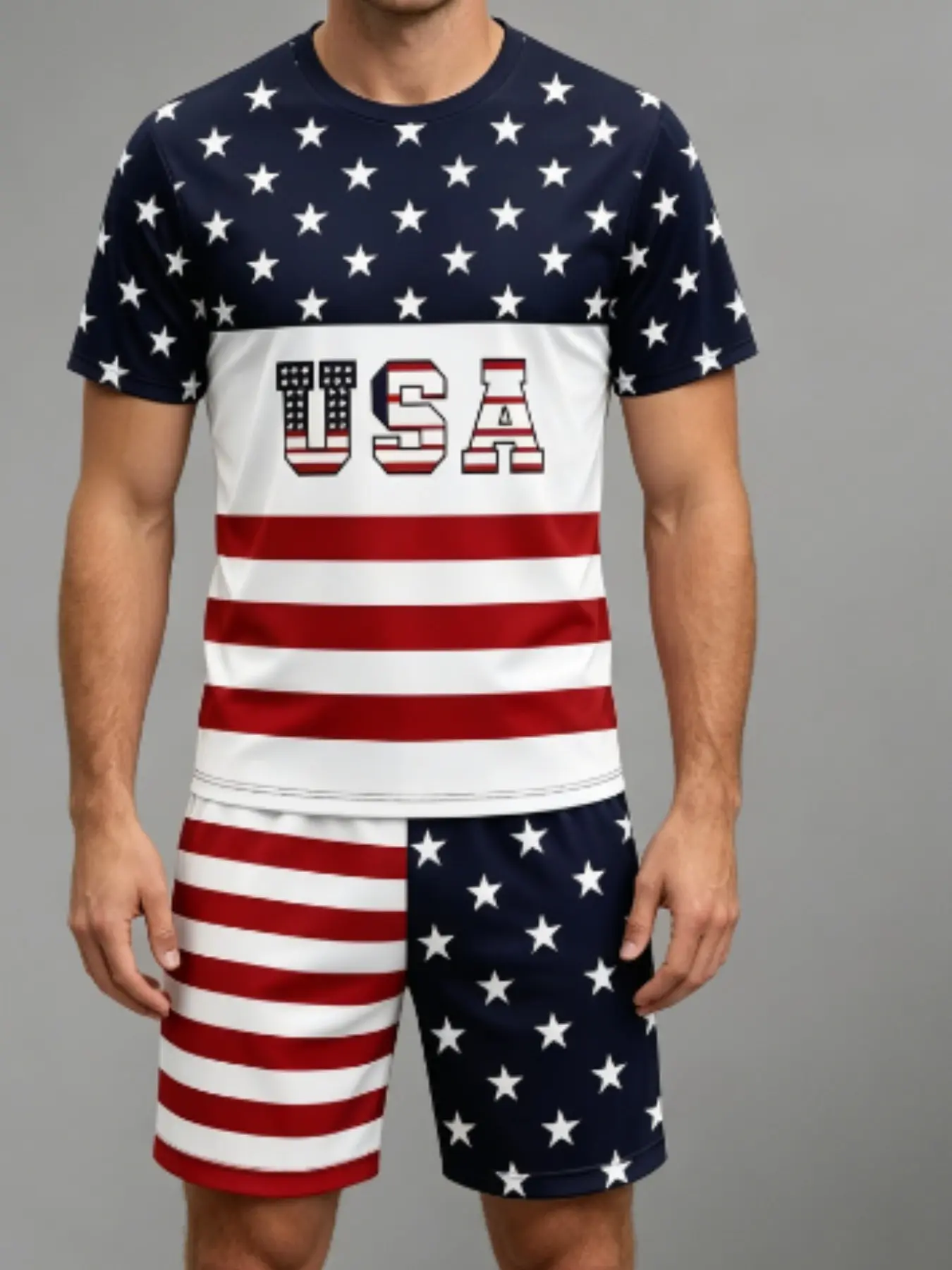 Men's Patriotic USA Star Striped Print Clothes 2 Piece Outfit, Short Sleeve T-Shirt & Drawstring Shorts Summer Casual Tracksuit