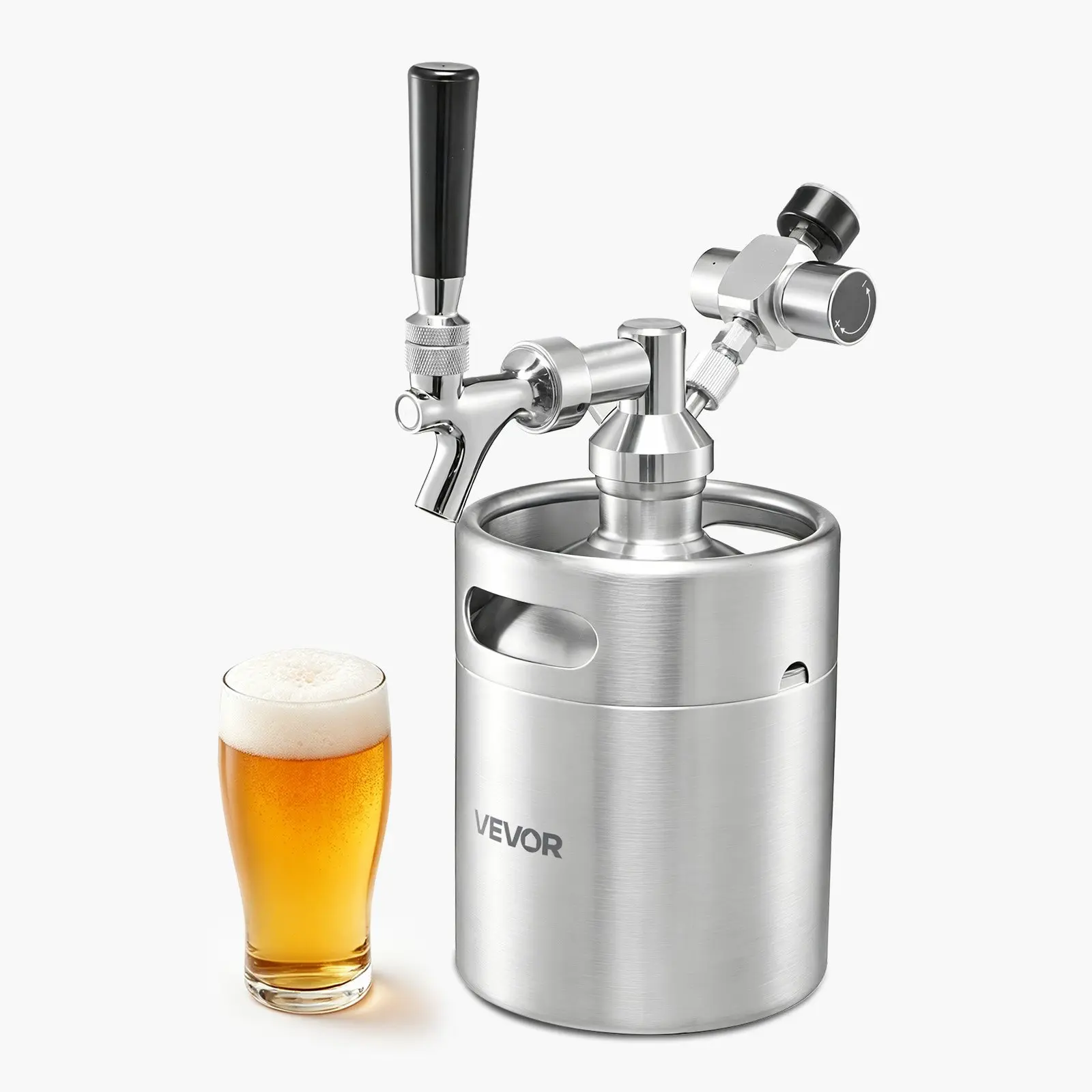 VEVOR 64oz Cylindrical Pressurized Growler Dispenser Beer Kit Set, 304 Stainless Steel System with Co2 Regulator, Self-Closing Faucet & Flat Base for Homebrew Craft Beer Freshness & Carbonation