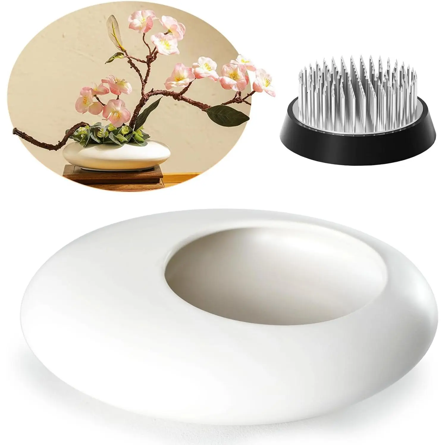 Japanese Inspired Ceramic Vase Ikebana kit, Pebble Shaped Flower Arrangement Bowl with 2inch Flower Frog Pin Frog Flower Stems Holder (White)