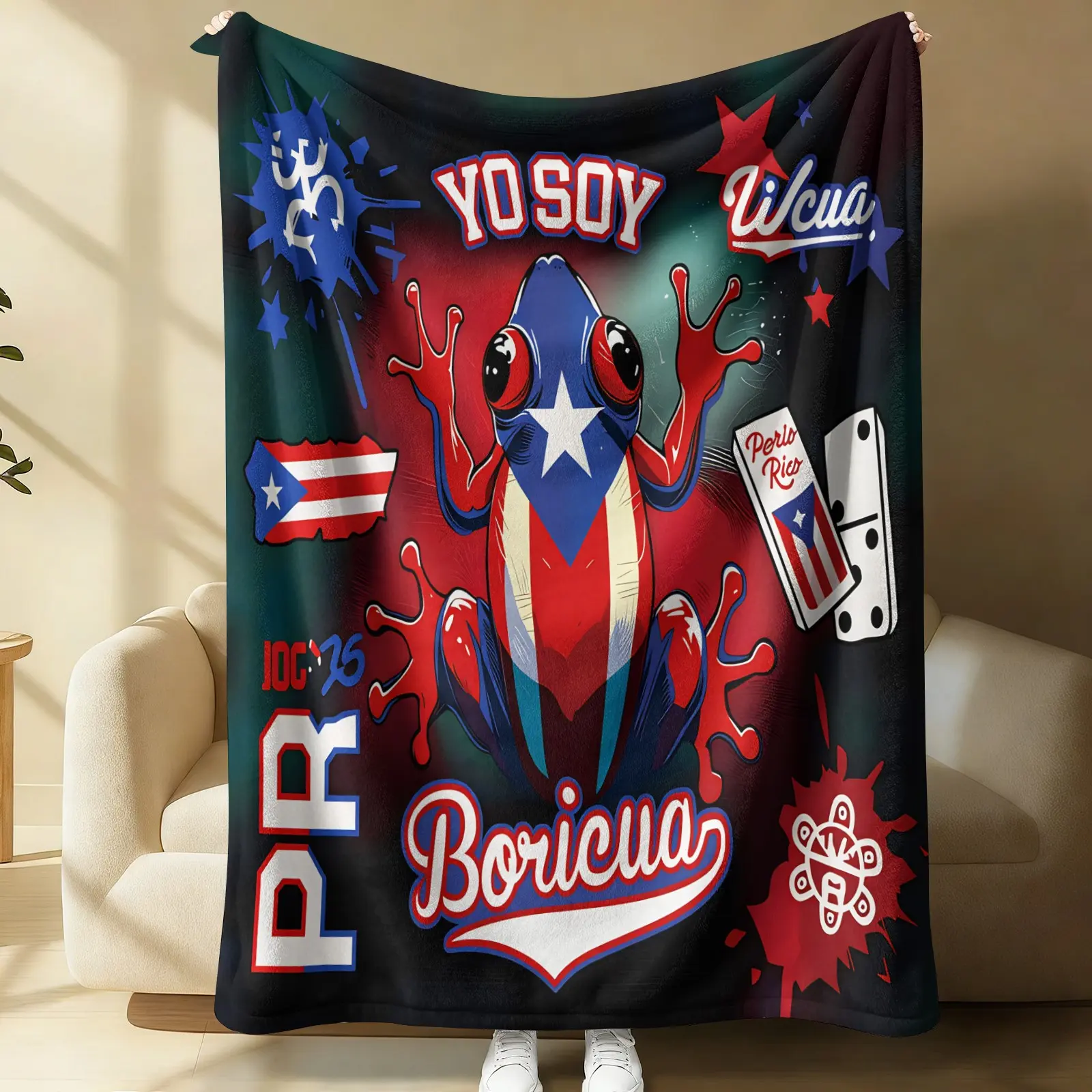 Puerto Rico Coqui Frog Flannel Blanket, Throw Blanket Warm Blanket, Boricua Flag Print Soft Cozy Lightweight Blanket for Couch Bed Sofa, Gift Blanket for Boricua Culture Lovers