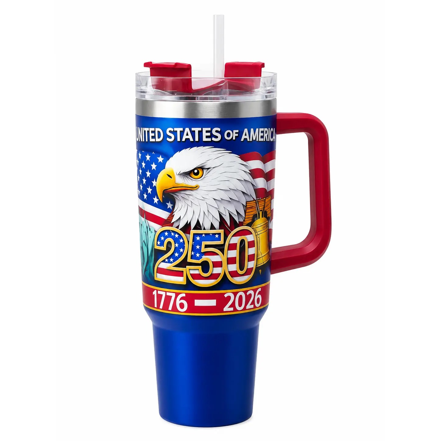 United States of America 250 Years 1776-2026 Patriotic 40oz Tumbler with Handle, Liberty Bell American Eagle Water Cup for 4th of July, Cup Holder Friendly Travel Cup