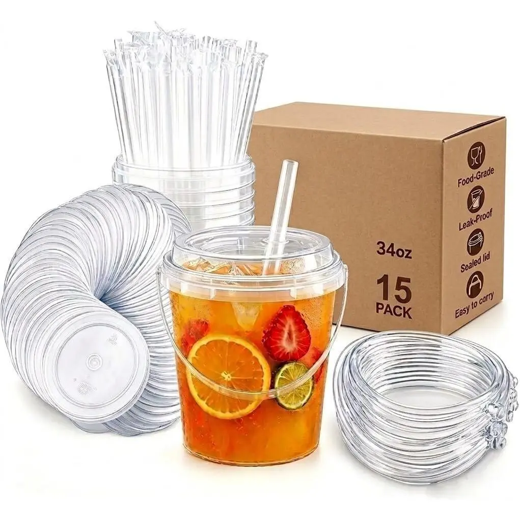 15 Pack 34oz Plastic Drink Buckets with  and Straws, Sturdy  Bucket Cups for Summer Beach, Pool Parties & BBQ, Leak-Resistant  Design for Iced Coffee &
