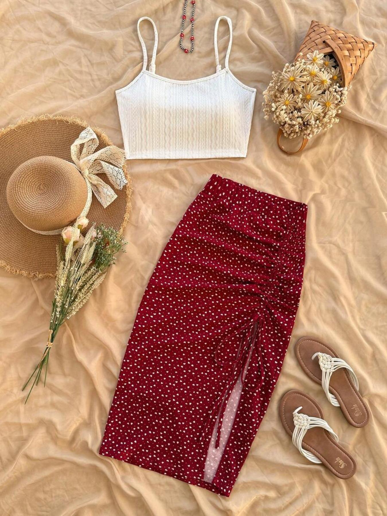 Women's Solid Color Crop Cami Top & All Over Heart Print Skirt Two-piece Set, Boho Sleeveless Spaghetti Strap Top & Skirt, Casual Summer Clothes for Ladies, Womenswear, Bohemian Casual Outfits Women Matching Sets