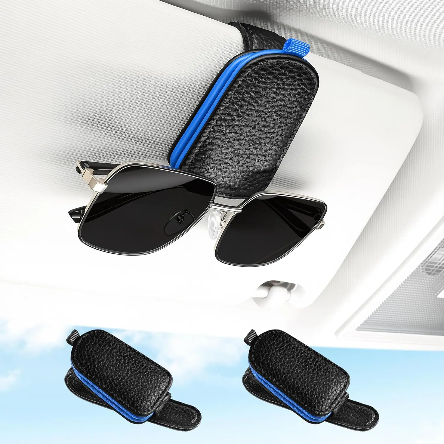 2 Pcs Clip-On Leather Wrap Sunglasses Holder - Car Sun Visor Ticket Card Storage Clip, Easy Install Automotive Interior Stowing & Tidying Travel Gear for Men