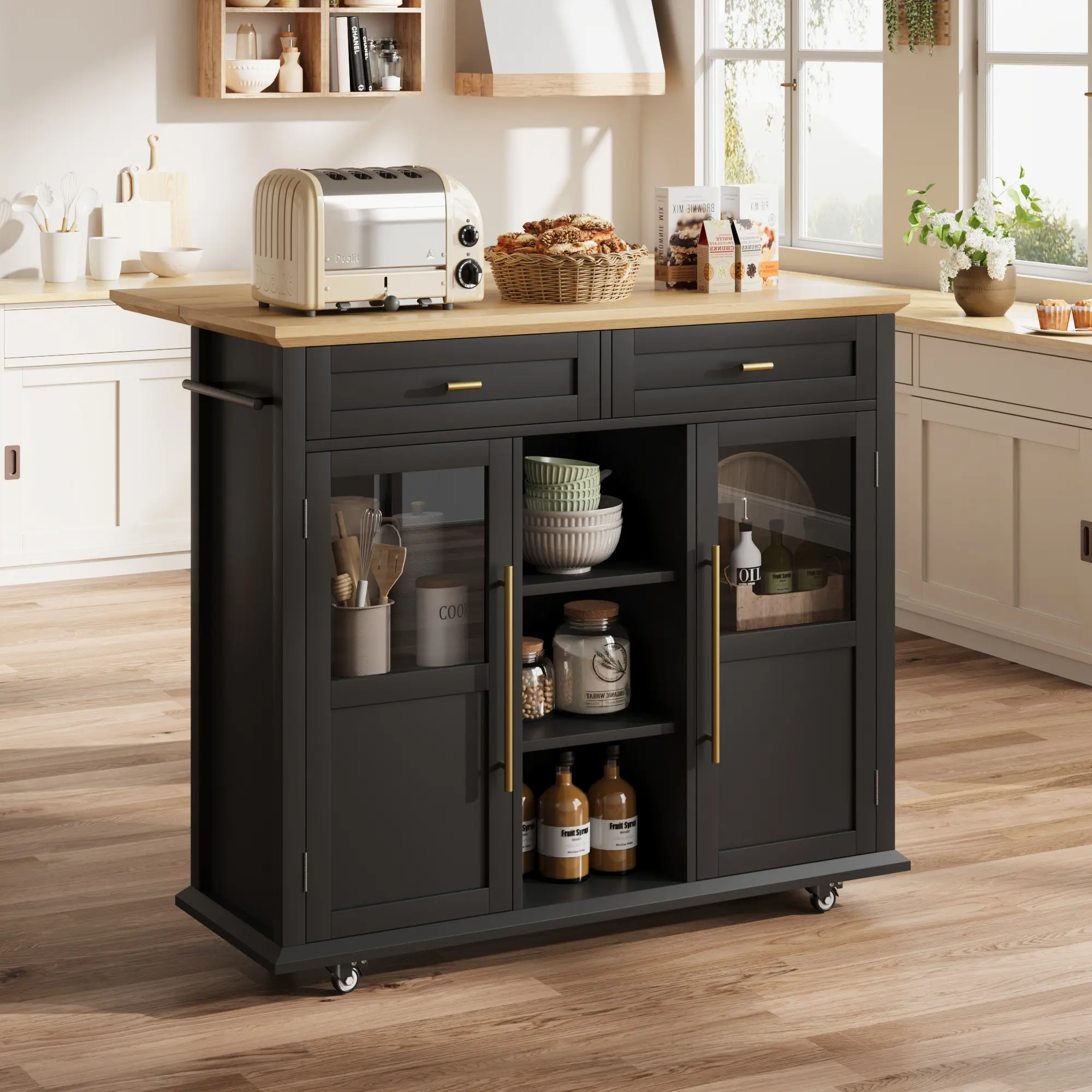 Garvee Kitchen Island Cart, Rolling Kitchen Island with Drop Leaf Countertop, Kitchen Storage Island on Wheels with Glass Door Cabinet, 2 Drawers and Open Storage Compartment