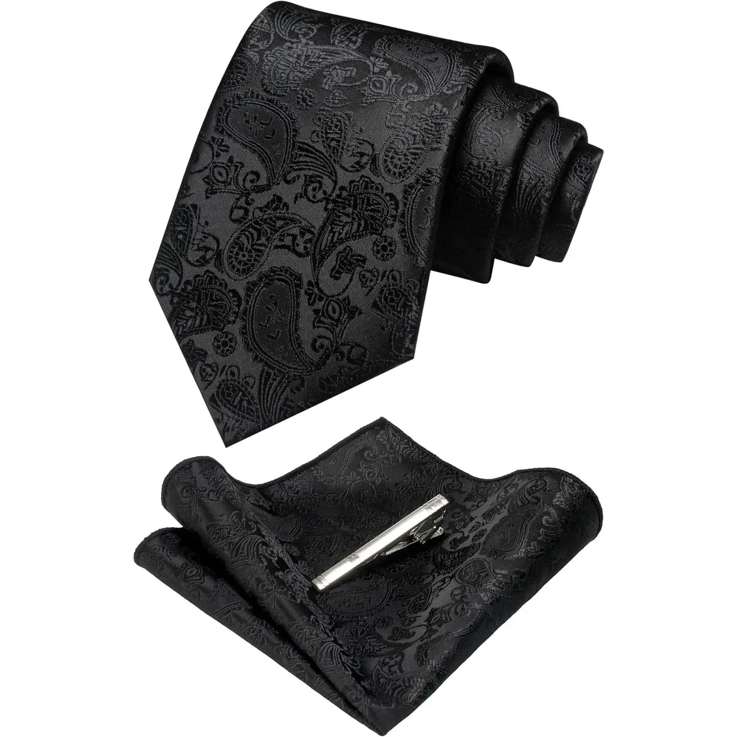 Men's Solid Color Paisley Necktie and Pocket Square Set with Tie Clip(Gift)