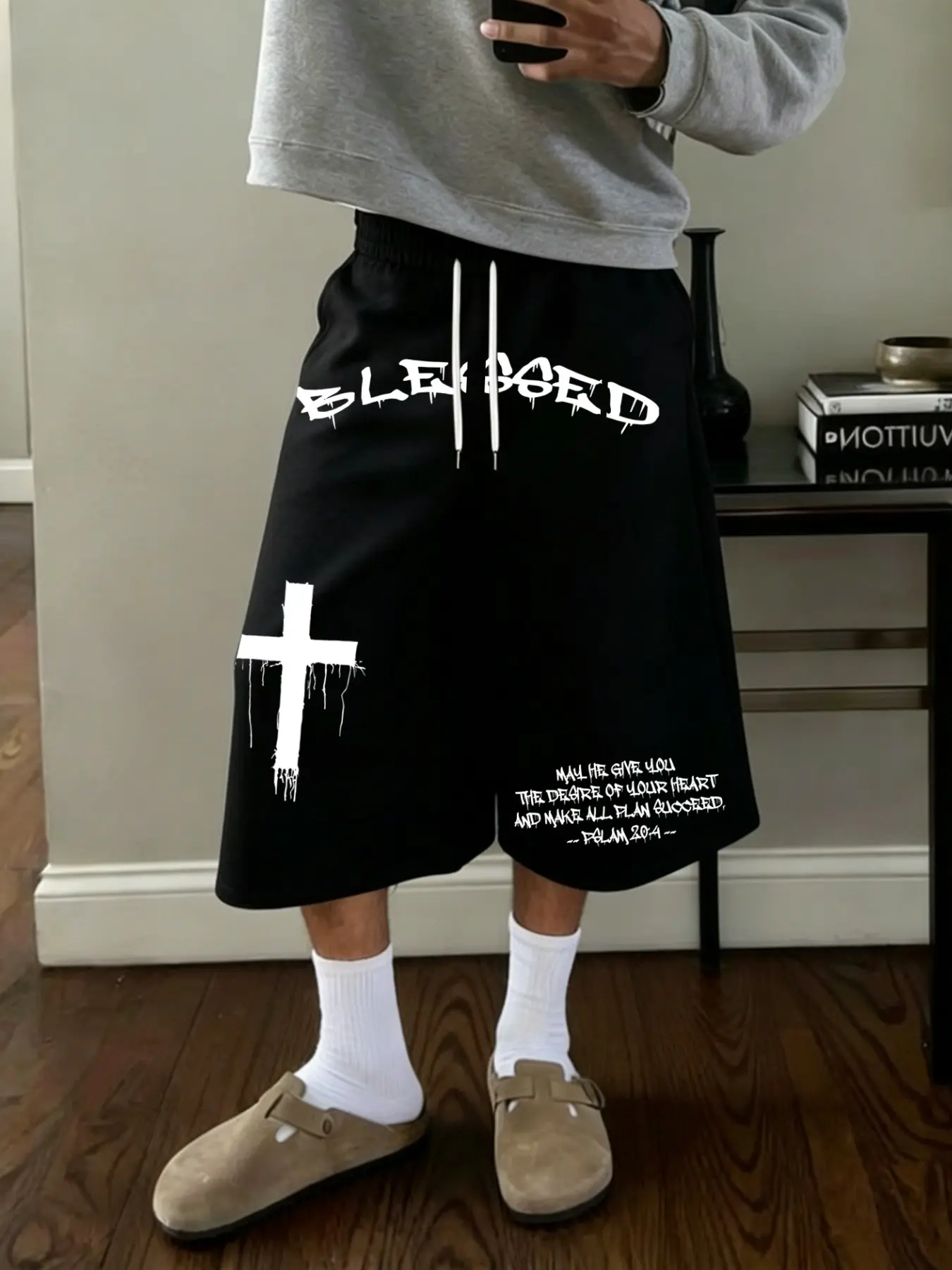 Men's Loose-Fit Street Style Pants, Blessed Letter Cross Print, Breathable Fabric, Casual Daily Wear, All-Season Comfort