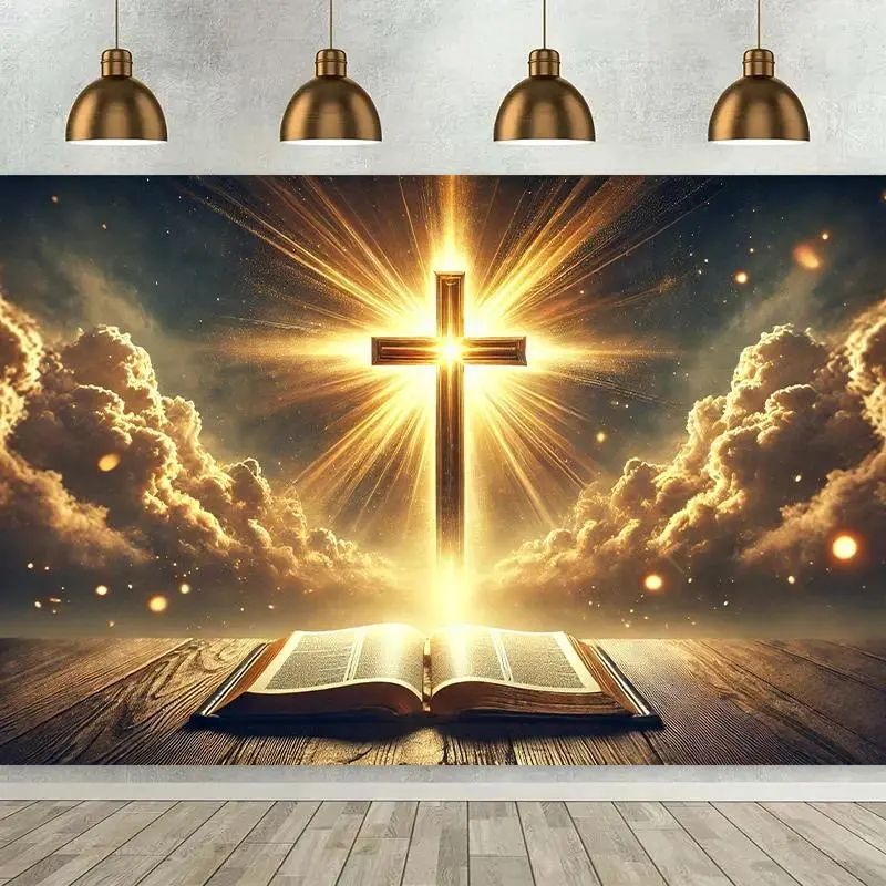 Large Lightweight Synthetic Christian Photo Backdrop Fabric Kit - Holy Light Cross Pattern Banners Set, Hanging Christianity Church Home Festive Decoration