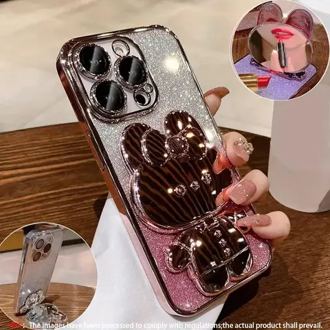 Luxury electroplated phone case, invisible makeup mirror, cute rabbit phone holder and hidden bracket shock-absorbing Shockproof ultra-thin protective cover, suitable for iPhone 11/12/13/14/15/16/17 /18Pro Max Plus