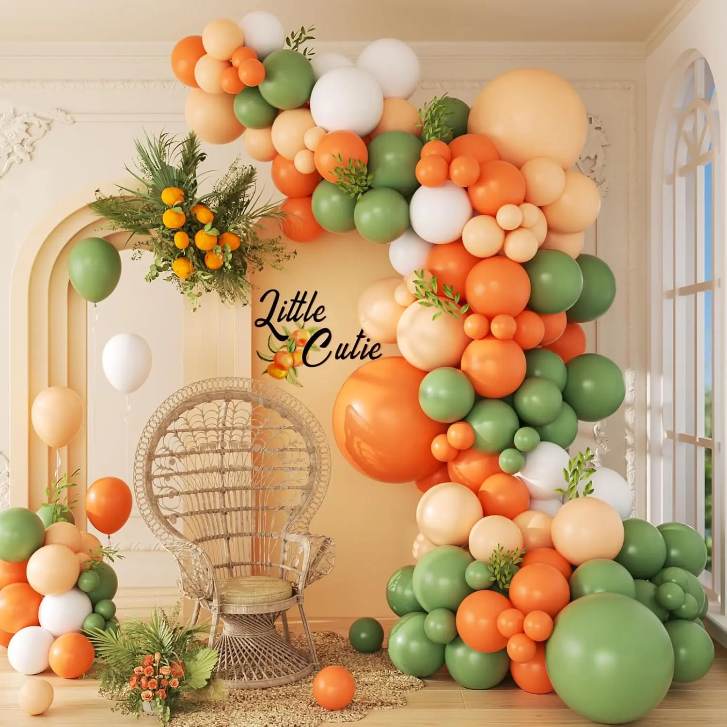 141pcs Little Cutie Orange and White Balloon Arch Garland Kit with Sage Green Orange Nude Sand White Balloons for Birthday Party Little Cutie Shower Decorations