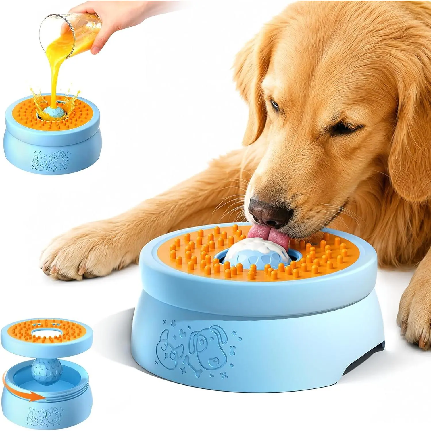 Slow Feeder  Bowl, 2-in-1 Interactive  Slow Feeder with 360° Rolling Ball for Yogurt, Wet  & Liquid , Spill-Resistant Anti-Slip Feeding Bowl for Dogs & Cats, Easy-Clean(Blue)
