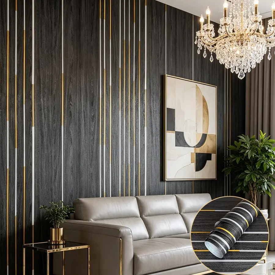 Wood Grain Gold Line Self-Adhesive Decorative Wallpaper, Modern Minimalist Style, Easy to Cut DIY Wallpaper, Bedroom Wall Decor, Furniture Renovation
