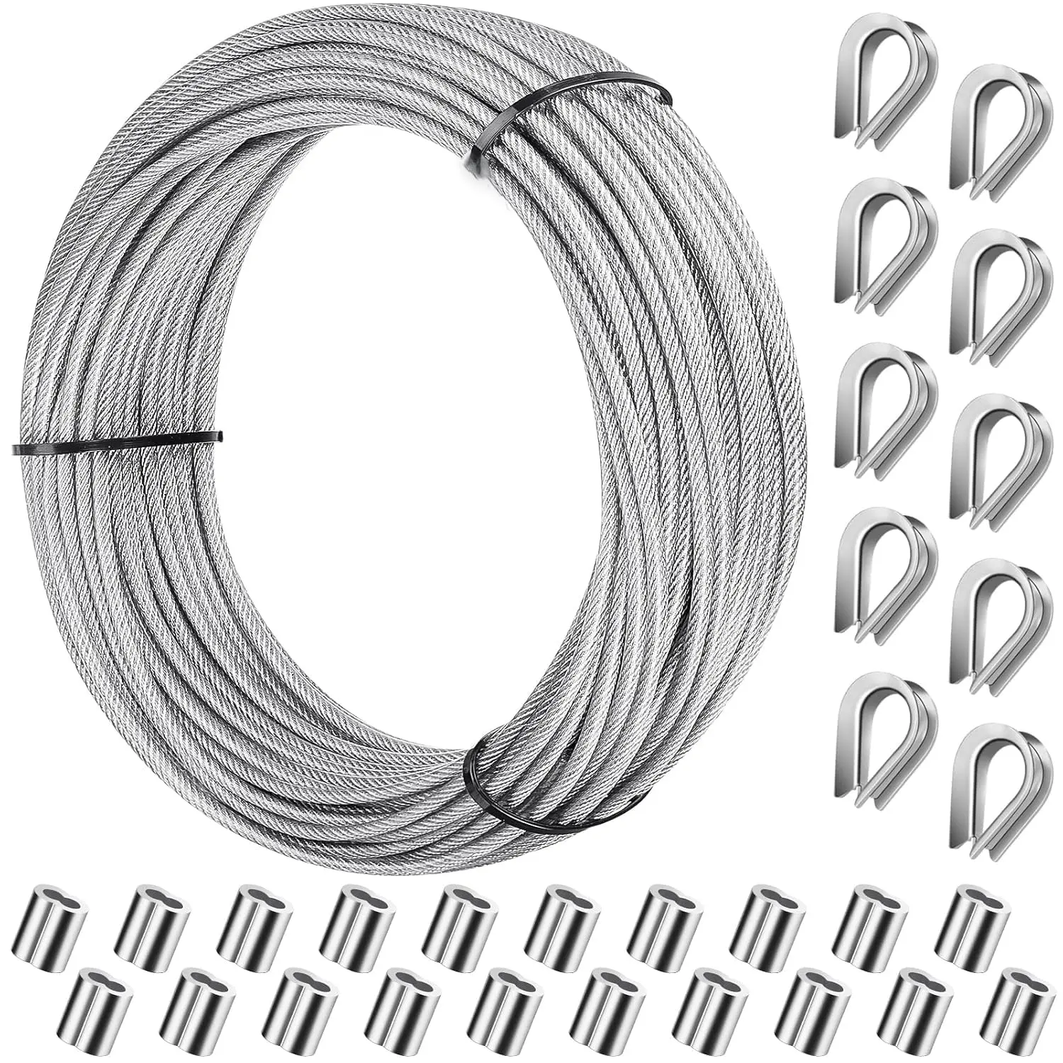 1/16" Stainless Wire Rope  100FT | 7x7 Strand, With  Crimping Sleeves, With Wire Rope Thimble