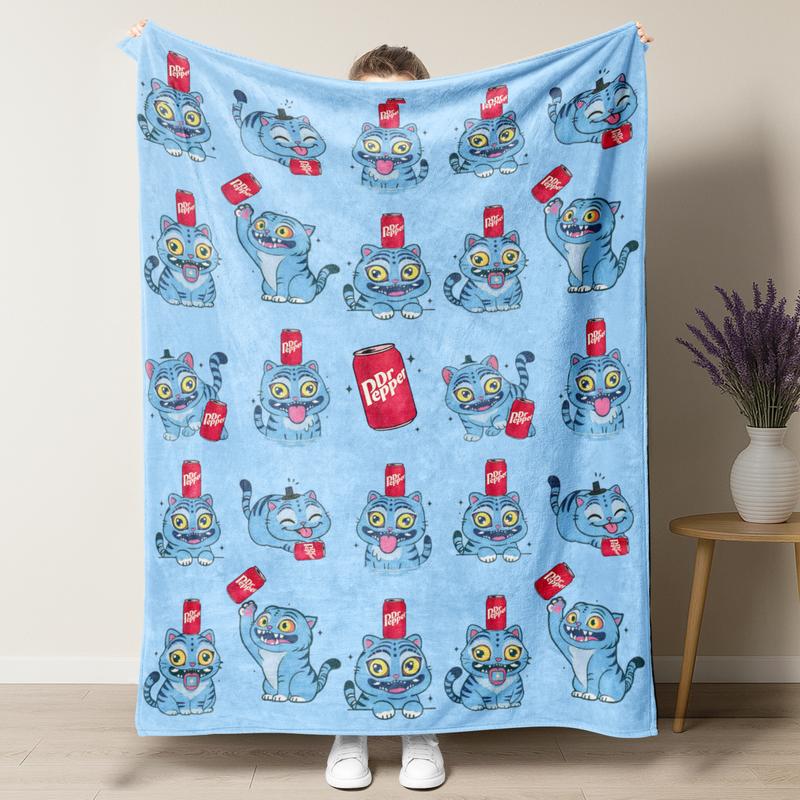 KPop Demon Hunters Huntrix Blue Kawaii Tiger Derpy Dr Pepper Flannel Blanket slogan print cozy blanket soft fluffy blanket fleece lightweight gift