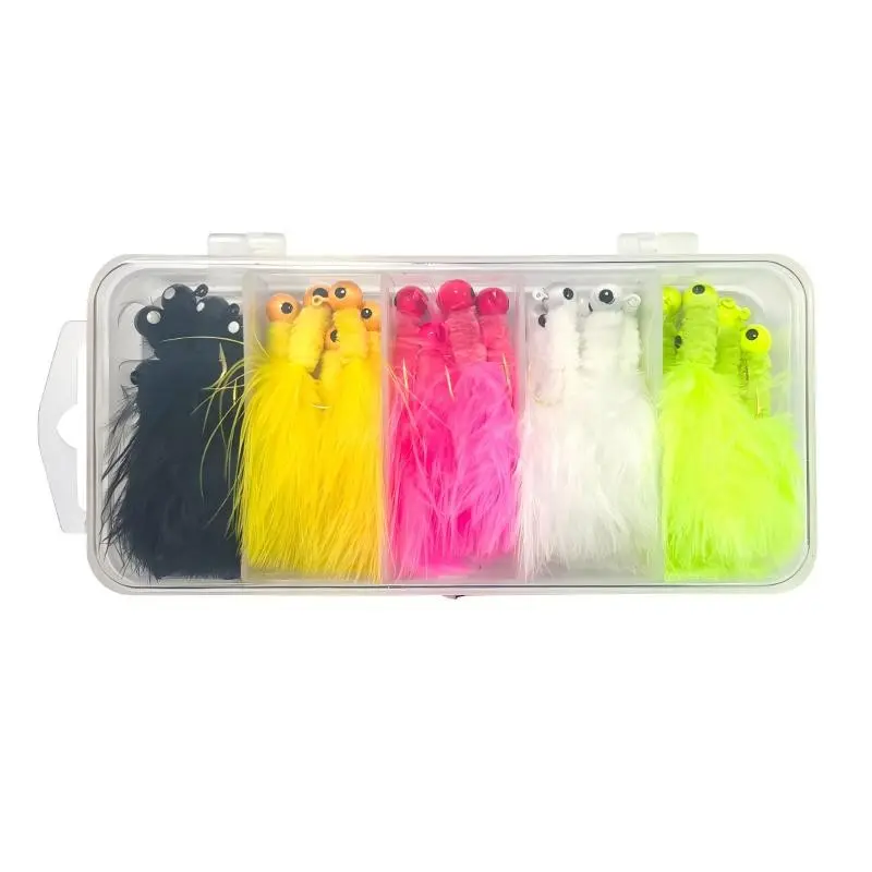 Crappie Jigs, Hand-Tied Marabou Jig Heads, 5 Colors, Fly Fishing Lures, 25pcs, Ideal for Panfish, Sunfish, Walleye, Ice Fishing