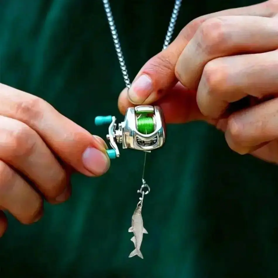 Fishing Reel Necklace with Rotating Mini Pendant, Unique Men's Accessories, Fisherman Jewelry Gift for Anglers and Outdoor Lovers