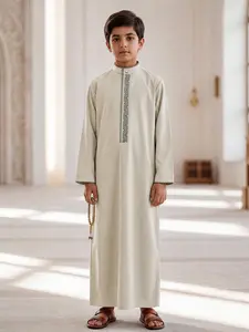 Arabian Boy Traditional Thobe, High-End Embroidered Button Front with Side Pockets, Suitable for Ages 8-12, Casual/formal/eid/muharram