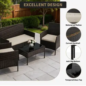 Outdoor Wicker Patio Conversation Set 4 Piece Brown Rattan Furniture with Beige Cushions, Glass Coffee Table, Loveseat and 2 Armchairs for Backyard, Deck, Porch, Balcony