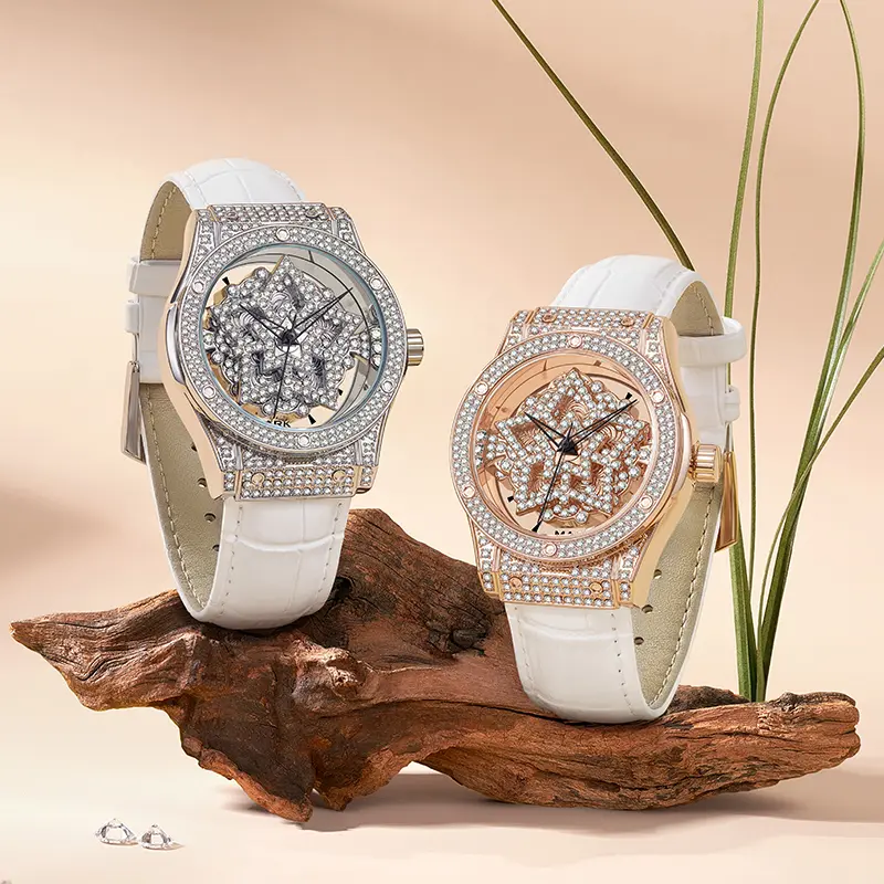 Mark Fairwhale Women's Fashion Quartz Watch - Diamond-Encrusted, 360° Rotating 5-Pointed Star Dial Artificial Gemstone Jewelry Accessory