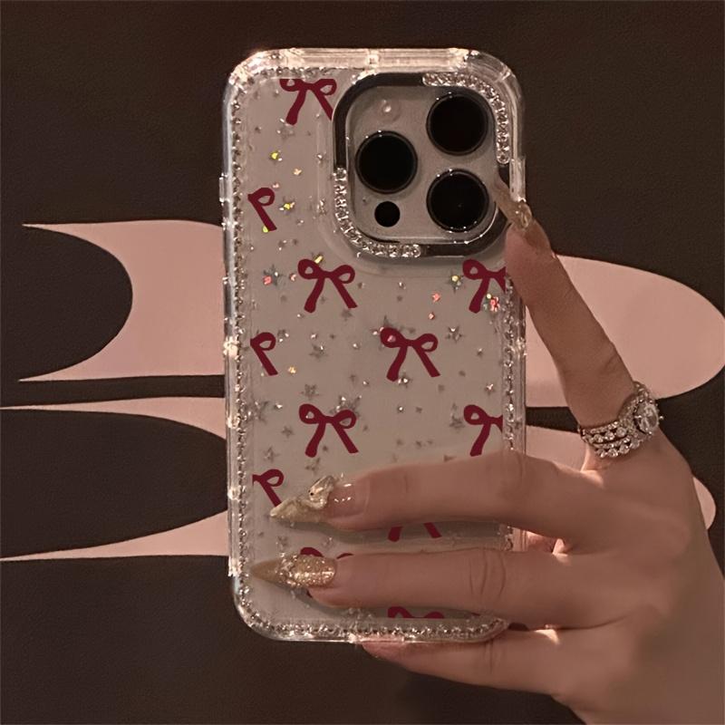 Wine-red bow pattern, transparent rhinestone frame with star design, shockproof, sparkling protective case, compatible with iPhone 17, 16, 15, 14, 13, 12 and other models. Makes a great gift for friends or family.