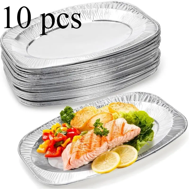 Aluminum Foil Box, Disposable Serving Plates, BBQ Aluminum Fish Plate, Oval Shape Aluminum Foil Dish, Ideal for Outdoor Cooking & Parties