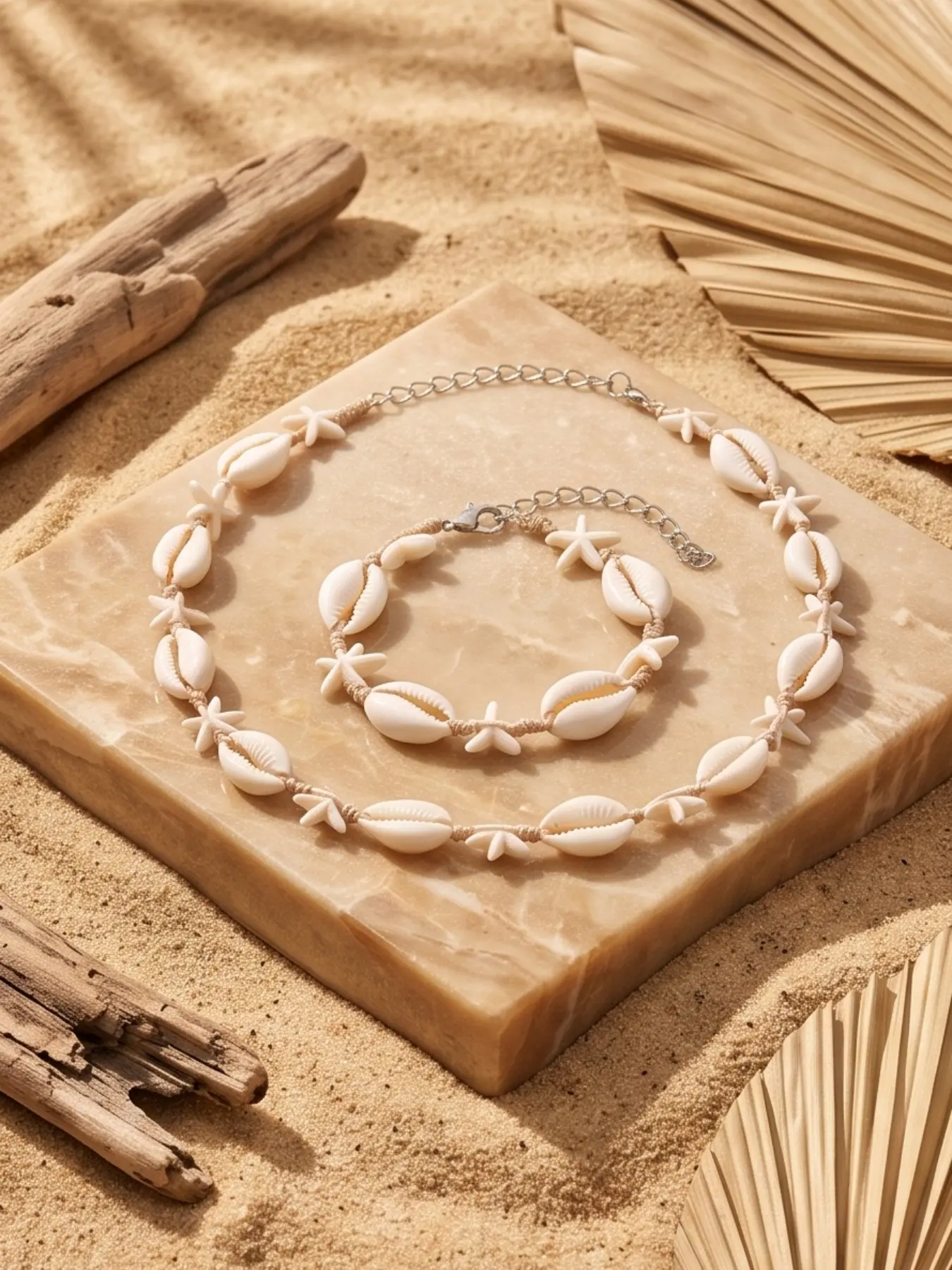 Shell Star Beaded Necklace Bracelet Set, Beach Vacation Bohemian Accessories, Elegant Jewelry Gift Idea, Perfect for Summer