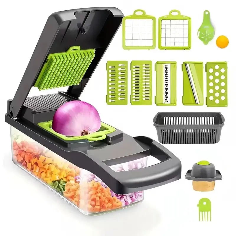 Multifunctional food chopper | Kitchen essential vegetable cutter for cutting broccoli and onions, slicing cucumbers, dicing vegetables and cutting stainless steel blades, ABS material, manual operation, suitable for home kitchens