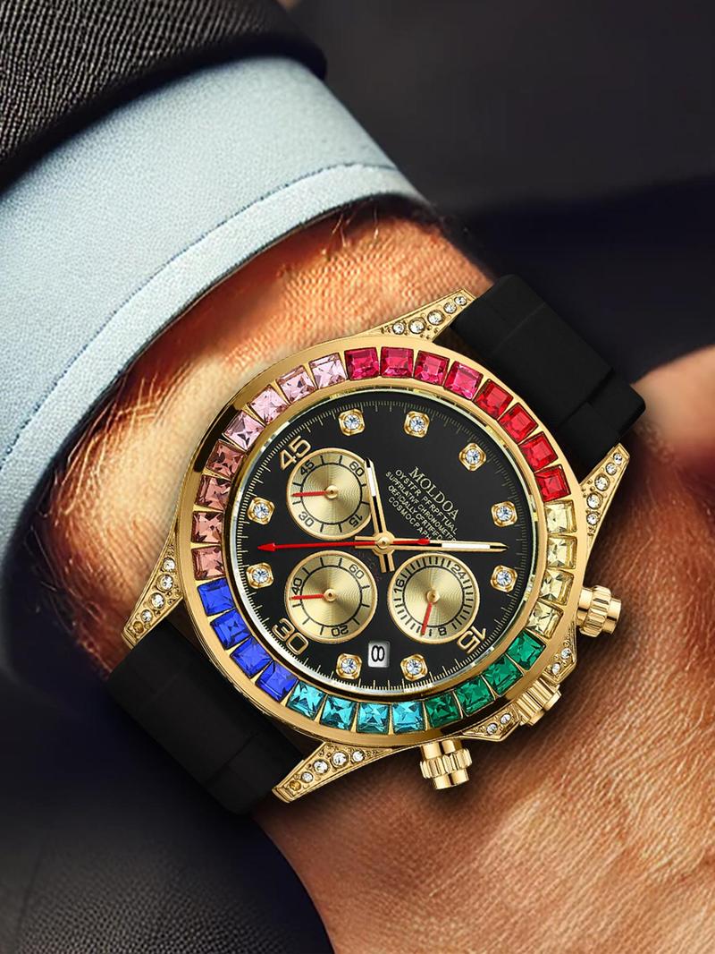Men's Business Fashion Rhinestone Decorated Analog Quartz Watch, Fashion Watch for Party, Daily Clothing Decor, Trendy All-match & Exquisite Watch for Birthday Gift with Box, Stylish Watch, Rhinestone Watches