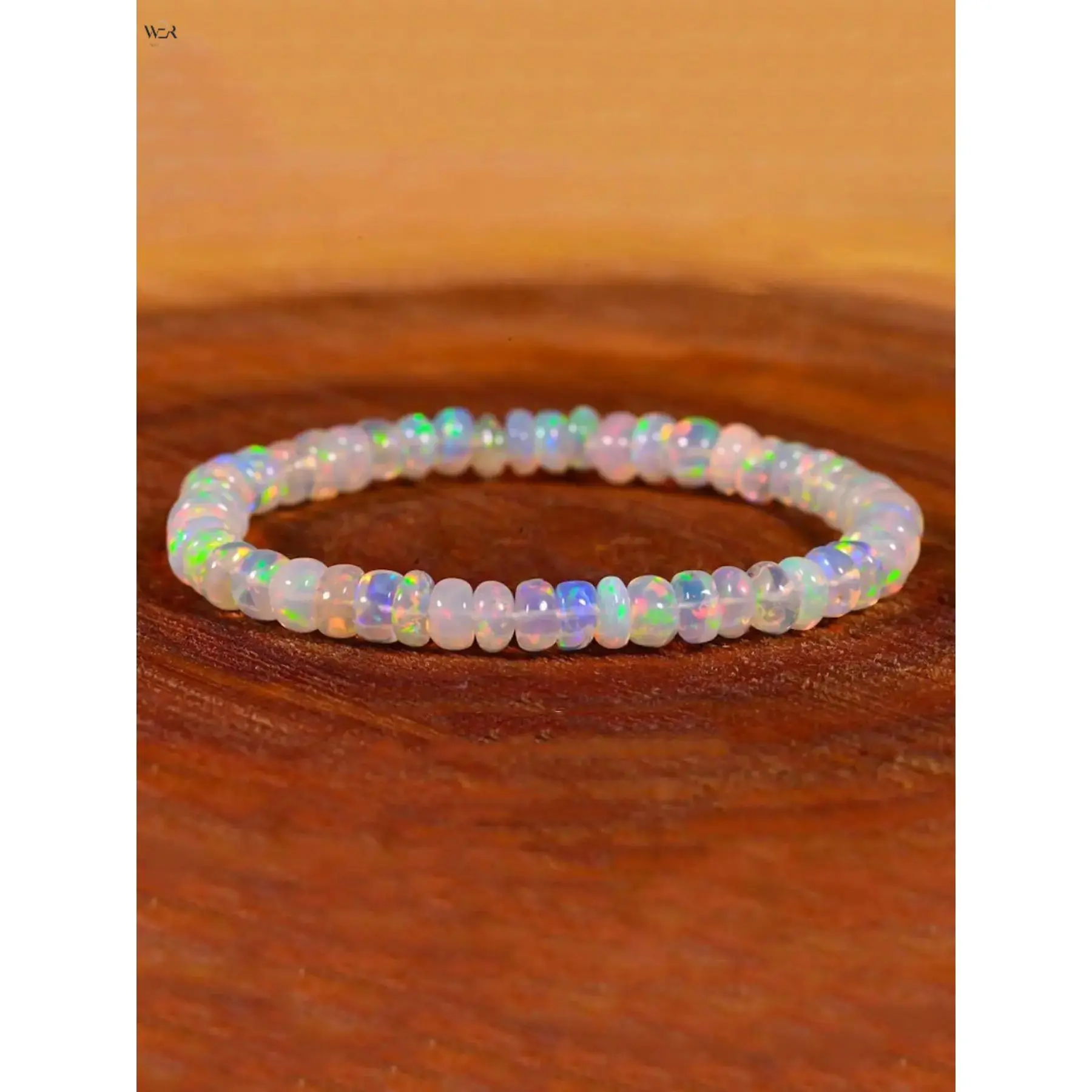 Women's Iridescent Natural Flash Opal Rondelle Bead Stretch Bracelet - Opal Stones, Rainbow Shine Healing Crystal Elastic Wrist Band, Adjustable Size Minimalist Outfits Jewelry Gift for Daily Wear Meditation