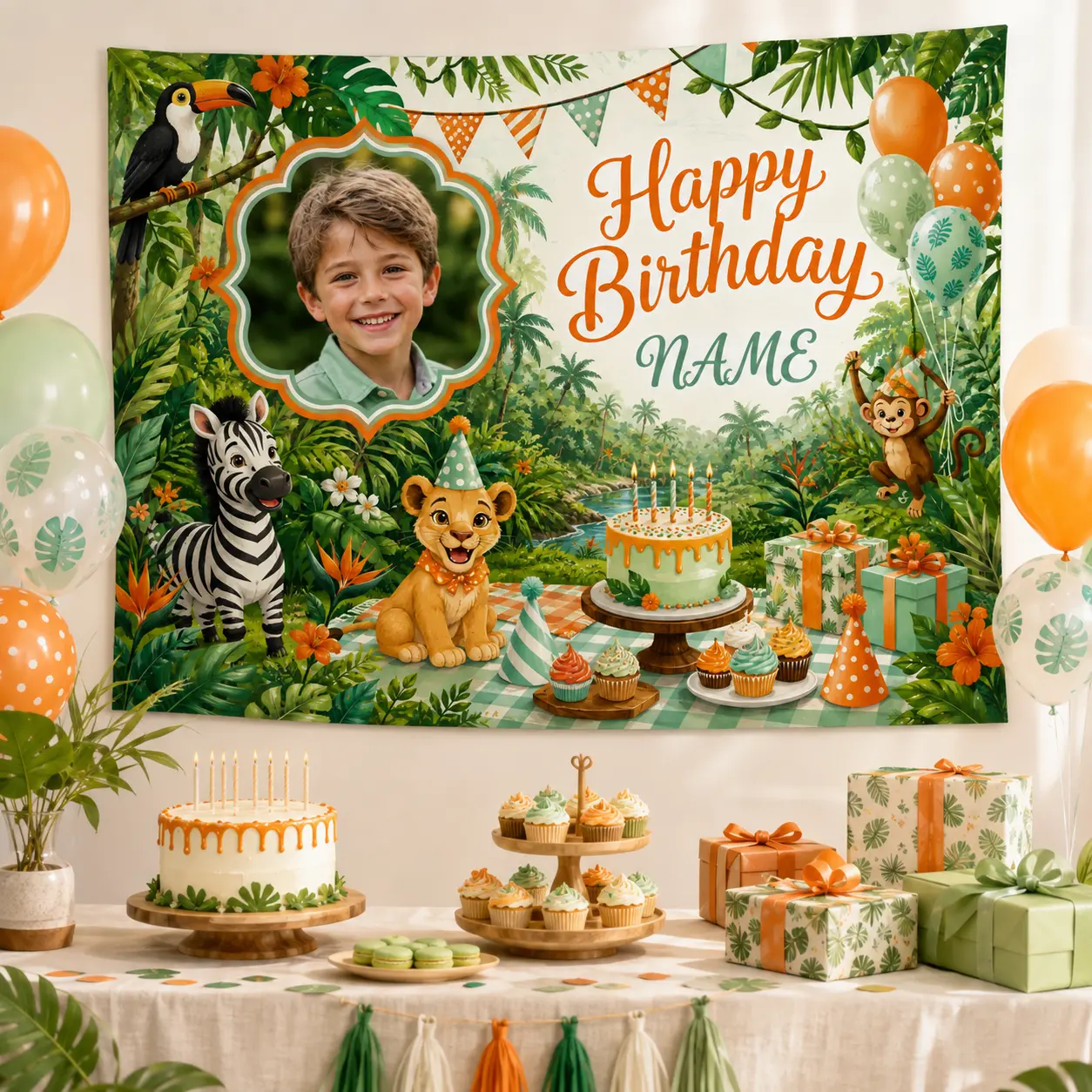 Personalized Jungle Animal Birthday Backdrop with Photo Name, Safari Theme Party Decoration Banner
