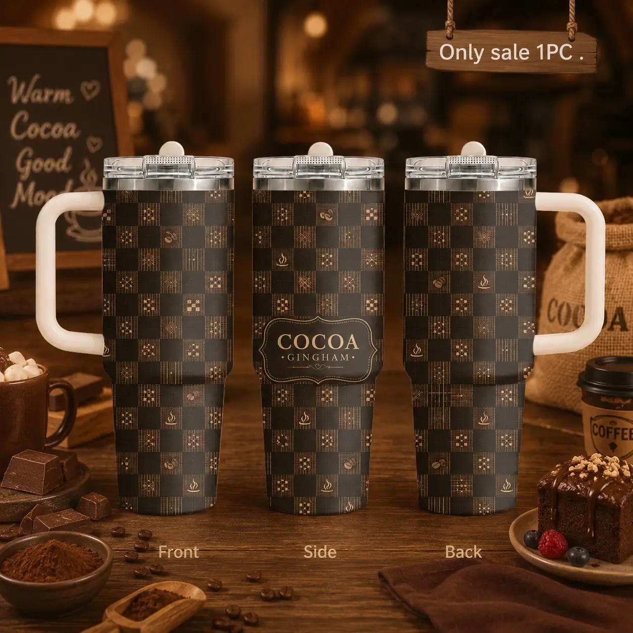 Vintage Brown Coffee Themed Plaid Vacuum Flasks 40oz 3rd Gen Vacuum Insulated Tumbler with Handle & Straw Lid, Leak-Proof Stainless Steel Travel Mug for Water, Coffee, Gym, Office, Car Cup Holder