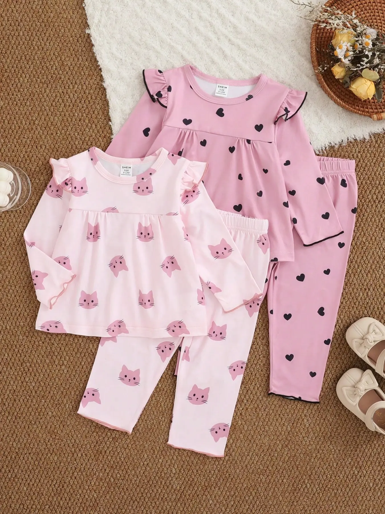 Two Sets Baby Girl Floral Cat Long Sleeve Pajamas, Heart Pattern Sleepwear, Princess Style Flutter Sleeves, Soft Air Conditioning Wear, Home &