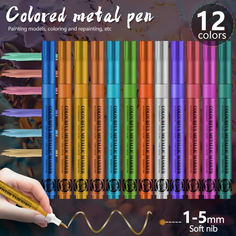 12 Colors Metallic Acrylic Paint Pens for Rock Painting, Soft Brush Tip Metallic Marker for Rock Painting, Ceramic, Glass, Canvas, Mug, Wood, Easter Egg, Waterproof Paint DIY Crafts Making, Diy Painting Supplies