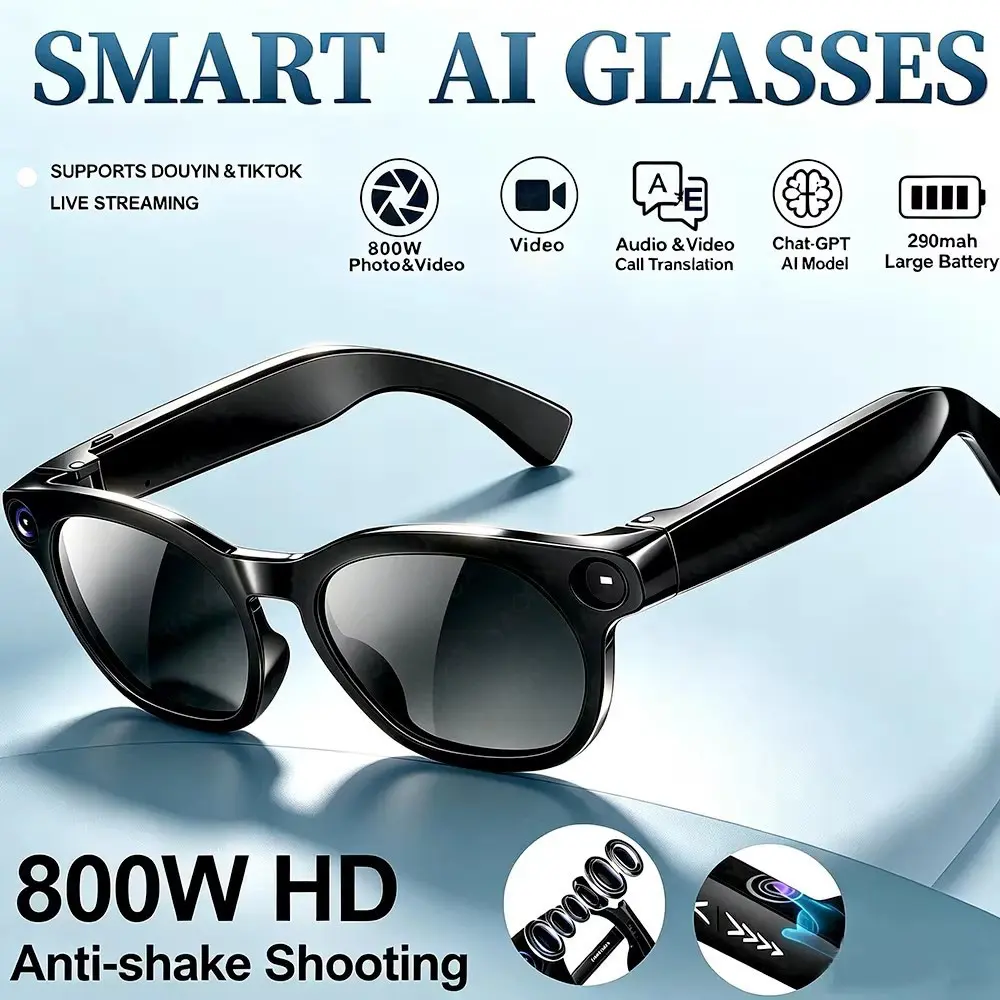800W HD Camera Smart Glasses Bluetooth Voice Call AI Translation  Dual Speakers Type-C Rechargeable Smart Glasses