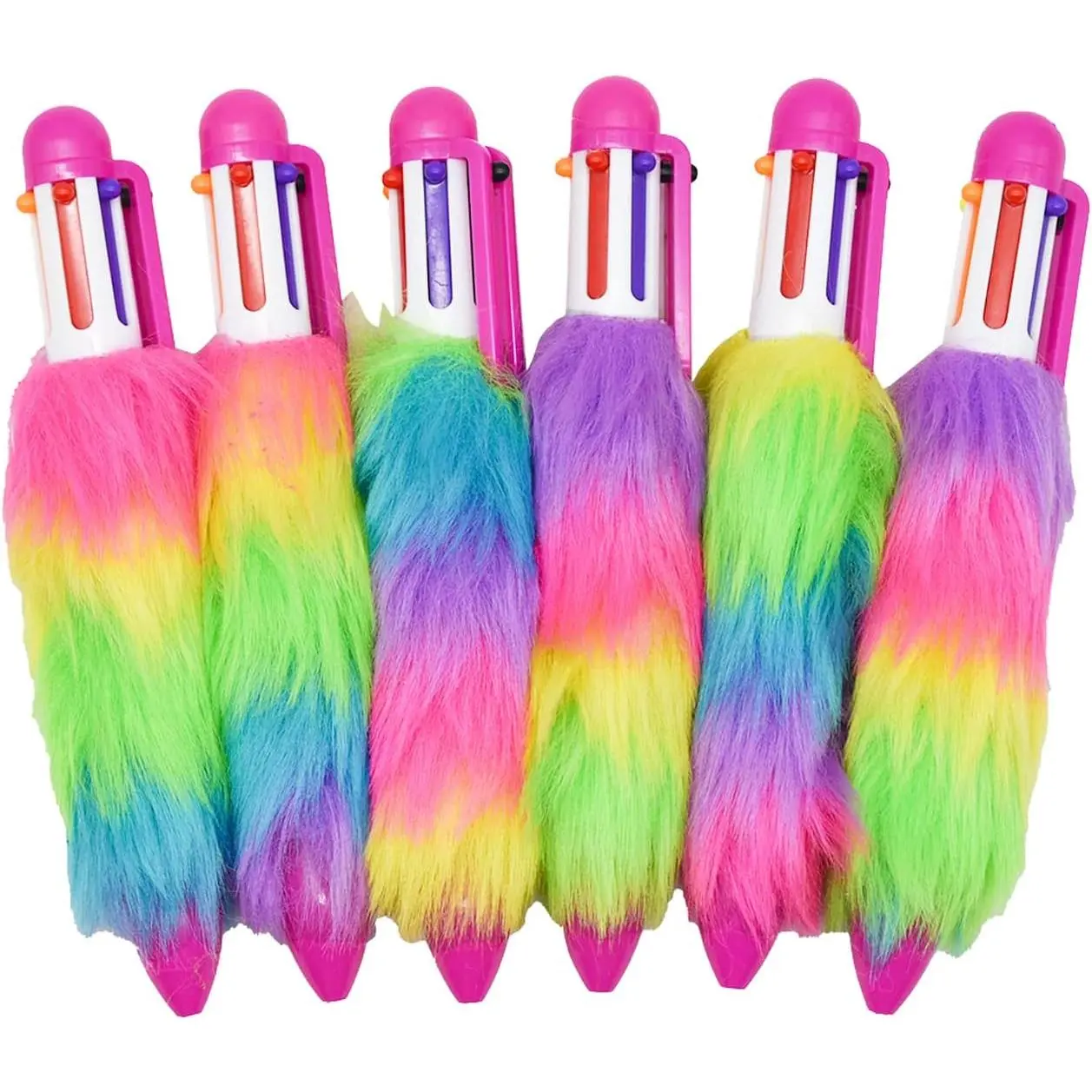 6 count 6-in-1 Multicolor  Retractable Ballpoint Pen 6 Colors Shuttle Rainbow Plush 0.5 mm Pens for Office   Decoration