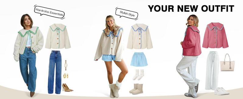 Womens Fuzzy Fleece Jacket Peter Pan Collar Button Down Fall Winter Sherpa Coats Colorblock Cute Warm Outerwear