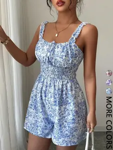 Women's  Floral Print Romper, Square Neck, Ruffled Shoulder Straps, Front Tie Detail, Smocked Waist, Wide Leg Shorts, Lightweight Breathable Woven Fabric, Daily Summer Casual Vacation Beach Date Wear, French Romantic Sweet Style