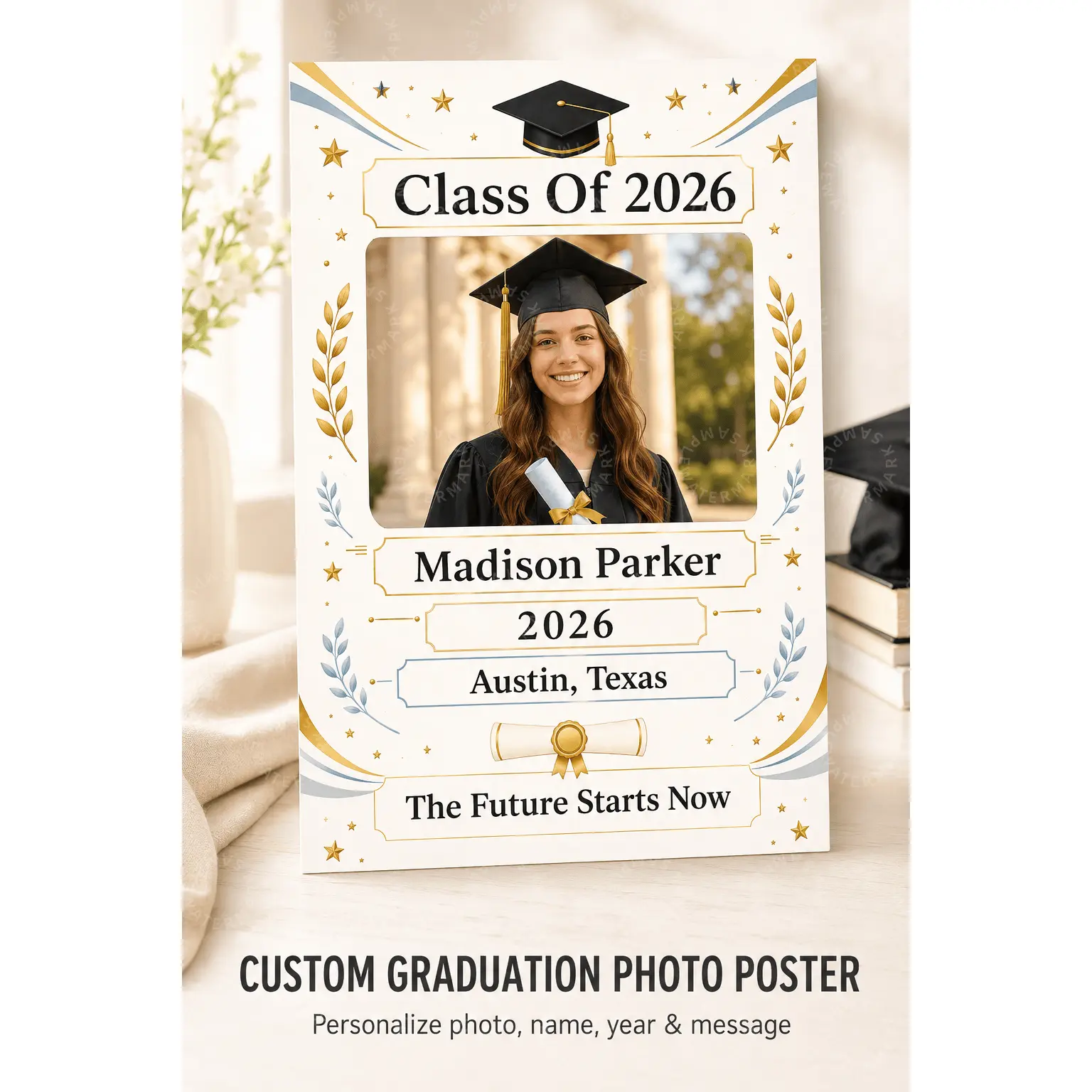 Custom Graduation Photo Poster, Personalized Class of 2026 Wall Art, Gold Blue Diploma Cap Decor, Senior Photo Aesthetic Poster, Graduation Party Backdrop, Bedroom Living Room Office Wall Decor Gift
